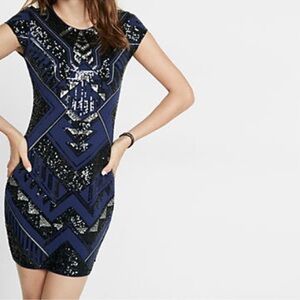 Express Art Deco Sequin Mini Dress Aztec Bodycon Blue Black Silver Size Large